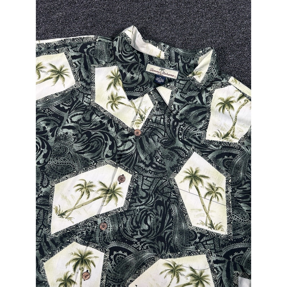 Tommy Bahama Hawaiian Camp Shirt Men XL Green‎ Floral 100% Silk Loop Collar S/S